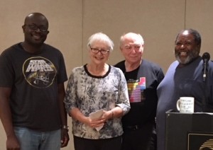 Division 2 winners Kene Mezue (second), Elizabeth Berman (high game, high loss), Gary Moss (first), Jesse Wornum (third)